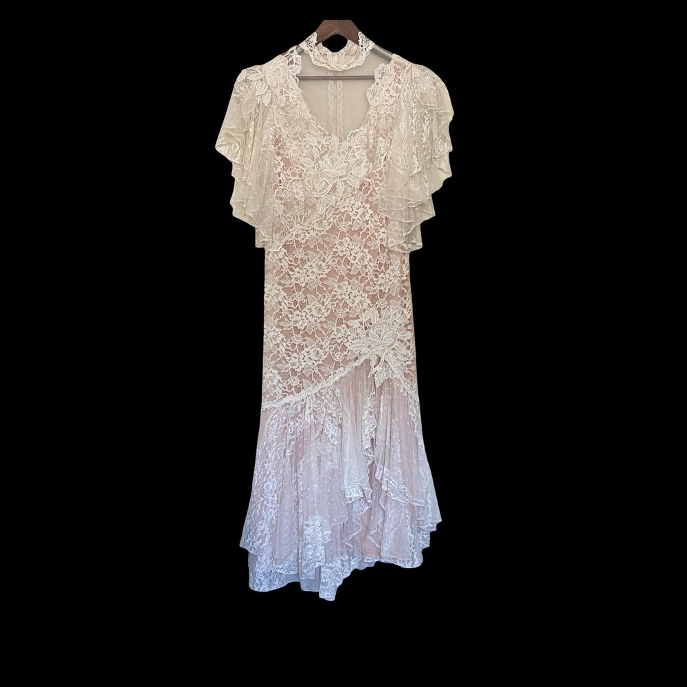 Barbara‎ Chodos Michael Marcella Vintage Lace Midi Dress Blush Ivory Size 10